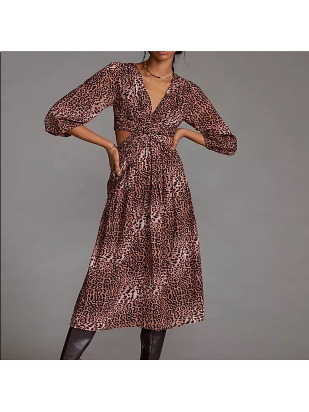 Anthropologie Ranna Gill Cut Out Cheetah Print Midi Dress Sz S